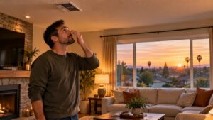Blog 3 Technician checking a furnace burning smell in a Fresno home