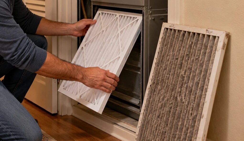 Furnace Burning Smell in Fresno: When to Call for Repair 1 Homeowner replacing a dusty furnace filter to stop a furnace burning smell in Fresno