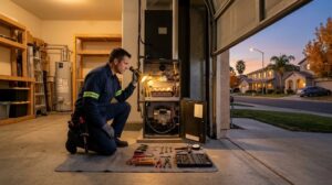 Blog 4 Technician checking why a furnace won't turn on in a Fresno home
